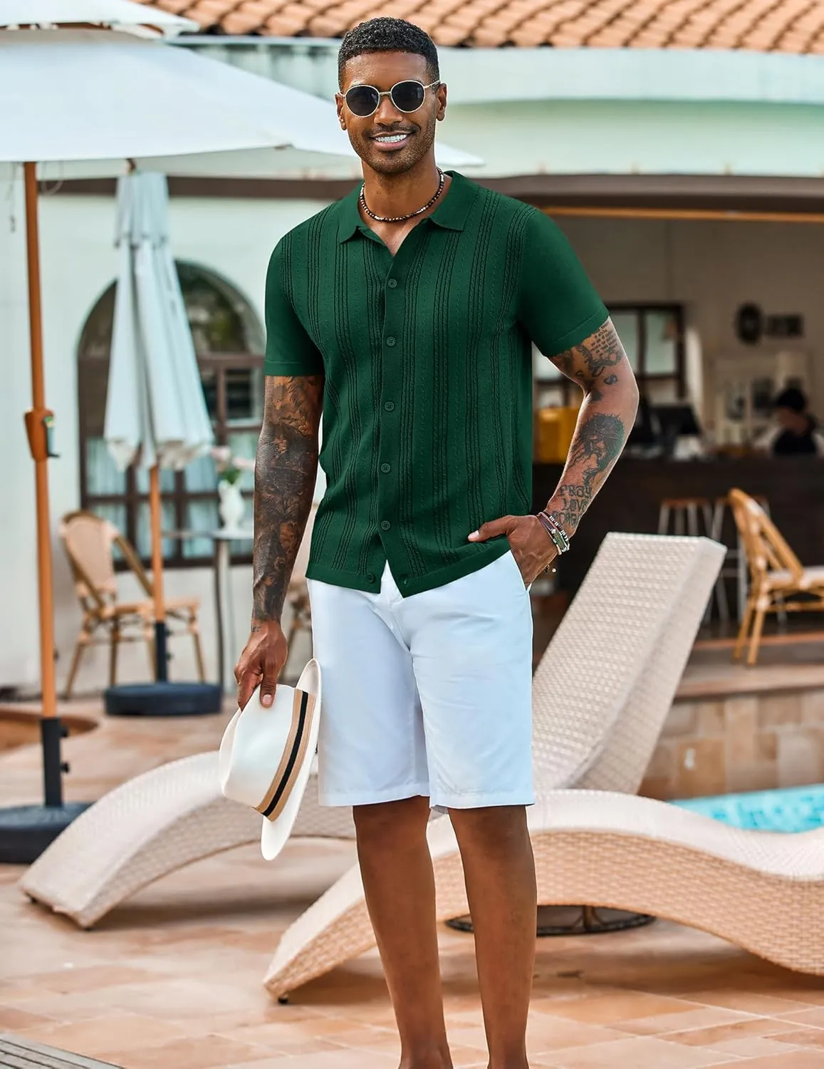 COOFANDY Men's Knit Shirts Short Sleeve Casual Button Down Polo Shirt Summer Beach Vacation Shirts