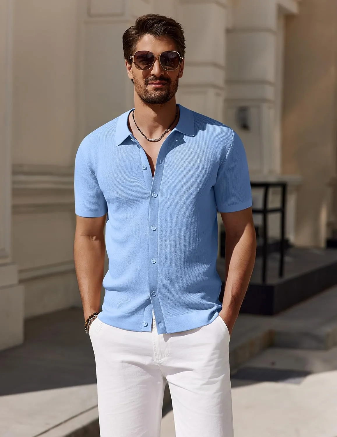 COOFANDY Men's Vintage Knit Shirt Short Sleeve Button Down Polo Shirts for Summer Casual & Vacation