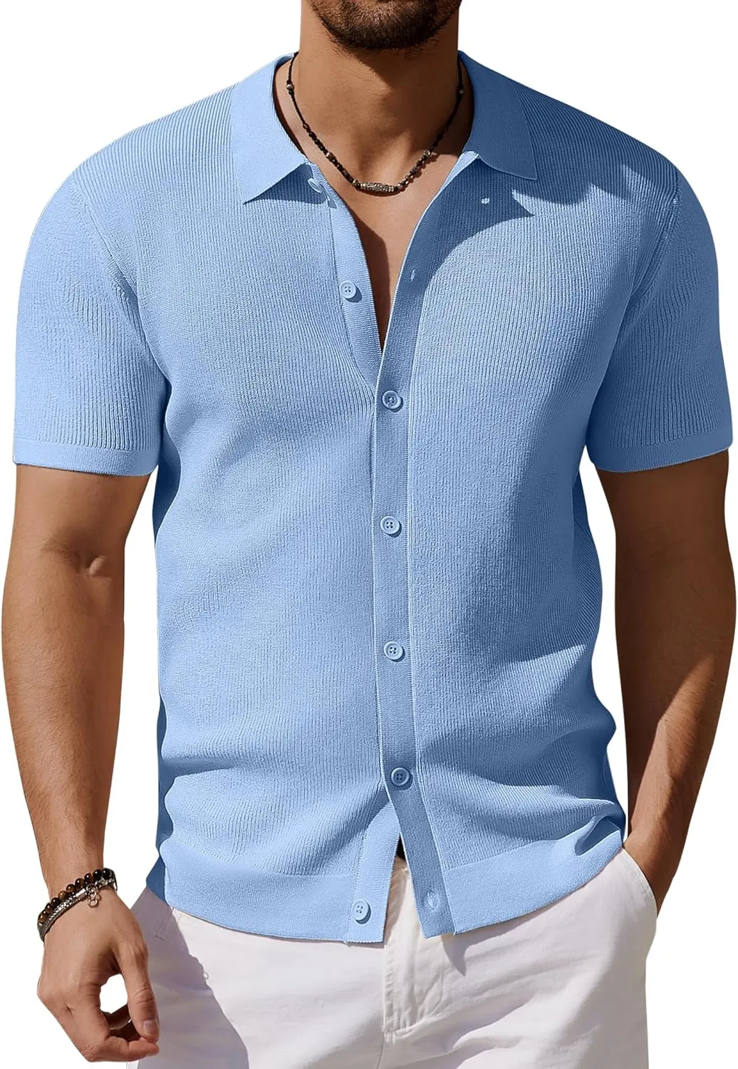 COOFANDY Men's Vintage Knit Shirt Short Sleeve Button Down Polo Shirts for Summer Casual & Vacation