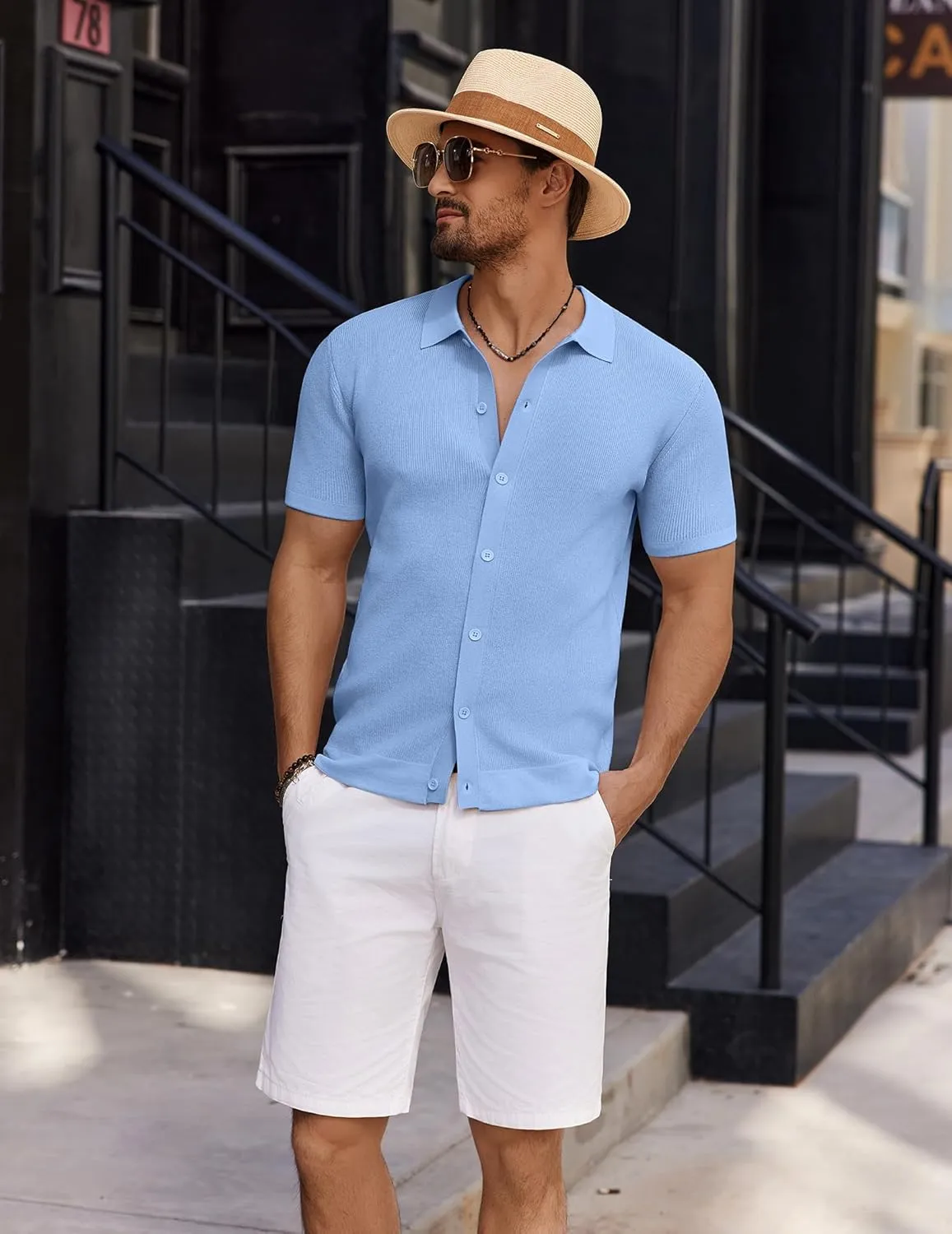 COOFANDY Men's Vintage Knit Shirt Short Sleeve Button Down Polo Shirts for Summer Casual & Vacation