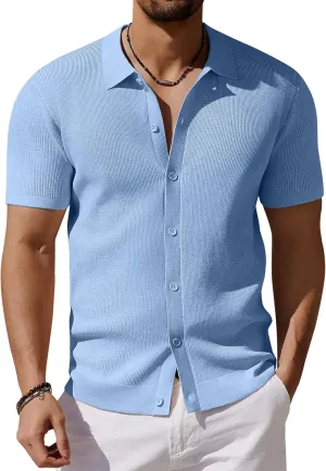 COOFANDY Men's Vintage Knit Shirt Short Sleeve Button Down Polo Shirts for Summer Casual & Vacation