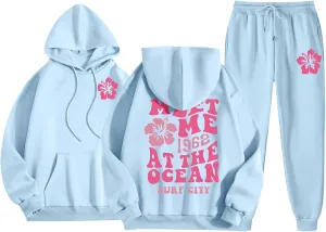 Cute Beach Sweatsuits Women 2 Piece Outfit Meet Me at The 1962 Pink Tree Graphic Hoodie with Sweatpants Cute Tracksuit