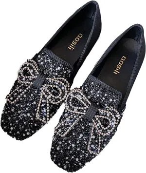 DESESE Women's Rhinestones Glitter Flat Shoes,Square Bow Dress Shoes Comfort Non Slip Low Heel Walking Shoes Casual Slip On Loafers