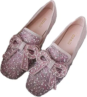 DESESE Women's Rhinestones Glitter Flat Shoes,Square Bow Dress Shoes Comfort Non Slip Low Heel Walking Shoes Casual Slip On Loafers
