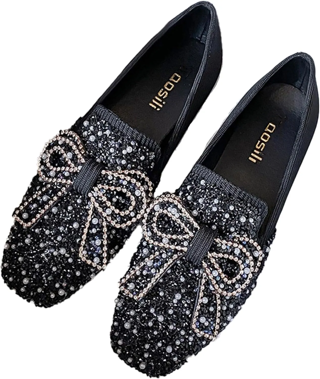 DESESE Women's Rhinestones Glitter Flat Shoes,Square Bow Dress Shoes Comfort Non Slip Low Heel Walking Shoes Casual Slip On Loafers