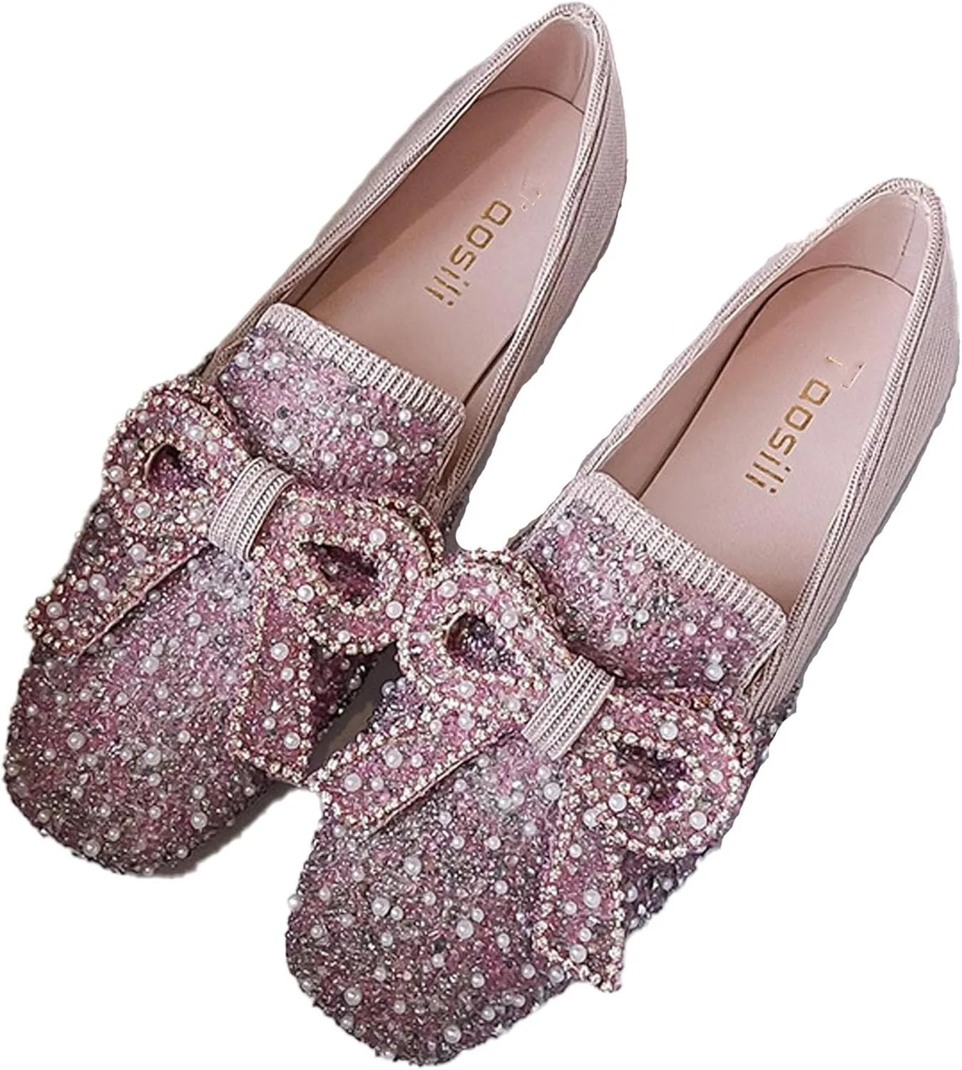 DESESE Women's Rhinestones Glitter Flat Shoes,Square Bow Dress Shoes Comfort Non Slip Low Heel Walking Shoes Casual Slip On Loafers