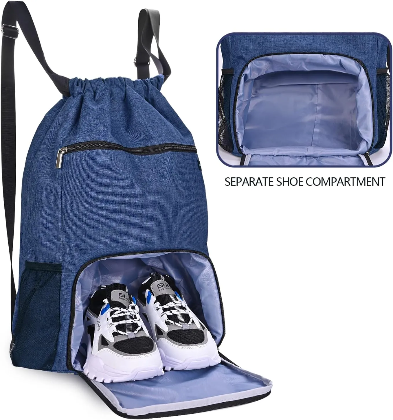 Drawstring Backpack with Wet Pocket & Shoe Compartment, Water-Resistant Sports Gym Swim String Bag for Women Men(Navy Blue)