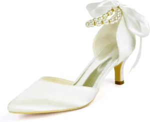 DXSYMJM Women's Bridal Shoes Closed Toe 2.36" High Heel Lace Satin Flower Ribbon Tie Wedding Shoes