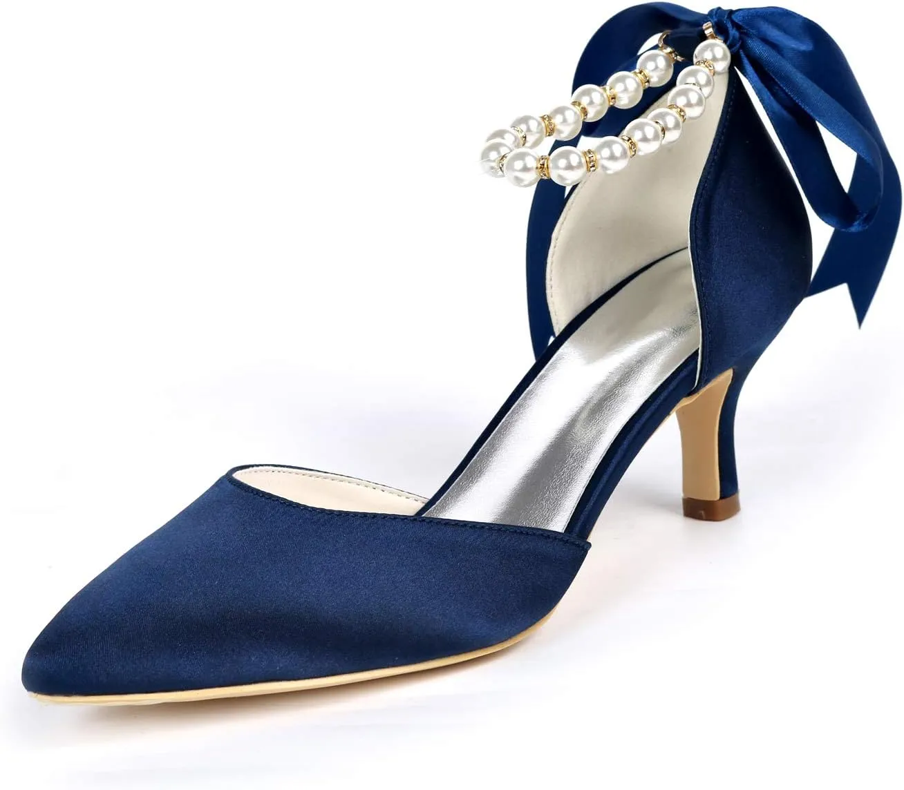 DXSYMJM Women's Bridal Shoes Closed Toe 2.36" High Heel Lace Satin Flower Ribbon Tie Wedding Shoes