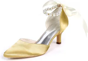 DXSYMJM Women's Bridal Shoes Closed Toe 2.36" High Heel Lace Satin Flower Ribbon Tie Wedding Shoes