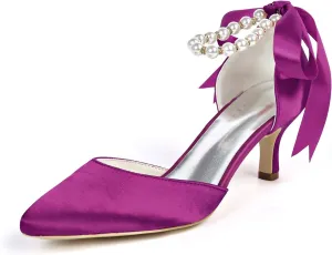 DXSYMJM Women's Bridal Shoes Closed Toe 2.36" High Heel Lace Satin Flower Ribbon Tie Wedding Shoes