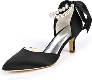 DXSYMJM Women's Bridal Shoes Closed Toe 2.36" High Heel Lace Satin Flower Ribbon Tie Wedding Shoes