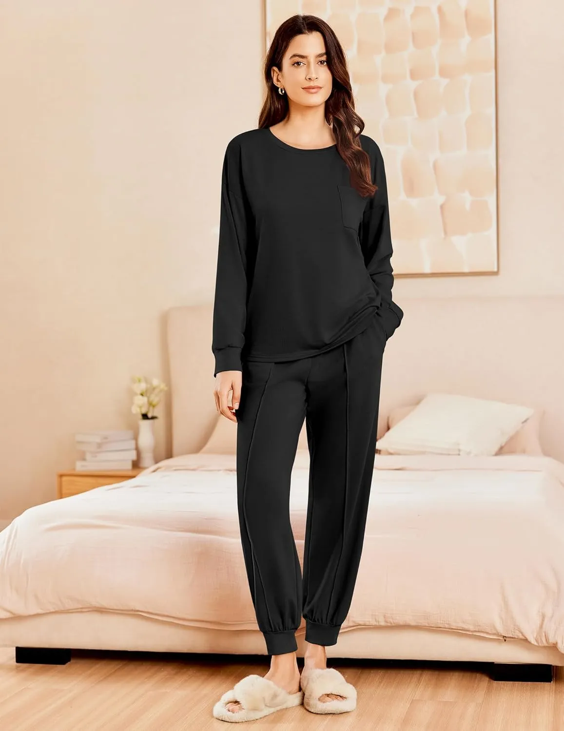 Ekouaer Lounge Sets for Women 2 Piece Jogger Pajama Long Sleeve Pants Loungewear Sweatsuits Casual Matching Outfits