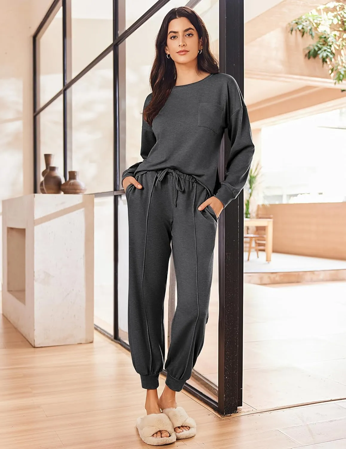 Ekouaer Lounge Sets for Women 2 Piece Jogger Pajama Long Sleeve Pants Loungewear Sweatsuits Casual Matching Outfits