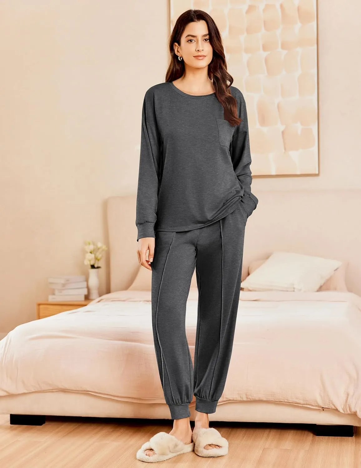 Ekouaer Lounge Sets for Women 2 Piece Jogger Pajama Long Sleeve Pants Loungewear Sweatsuits Casual Matching Outfits