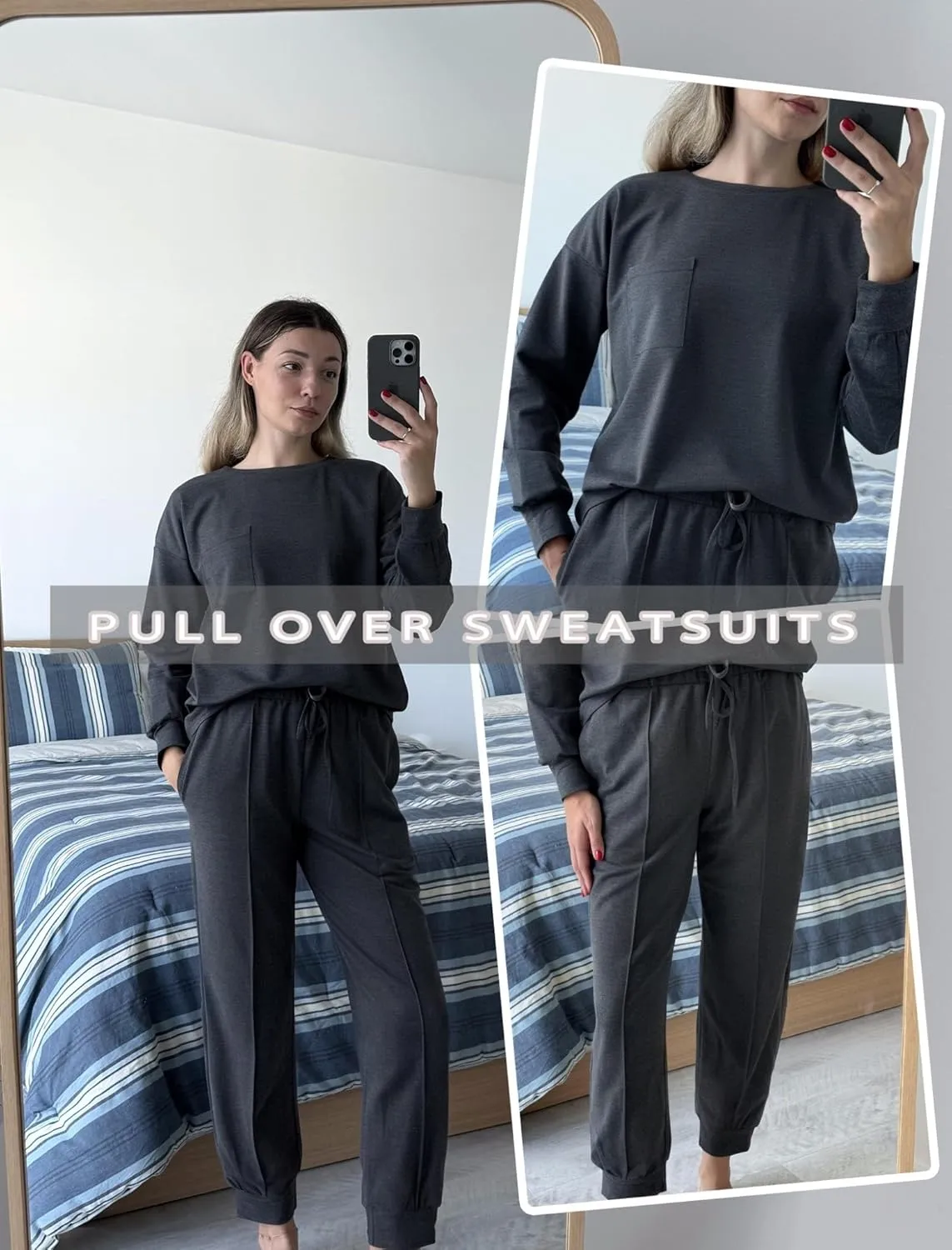 Ekouaer Lounge Sets for Women 2 Piece Jogger Pajama Long Sleeve Pants Loungewear Sweatsuits Casual Matching Outfits