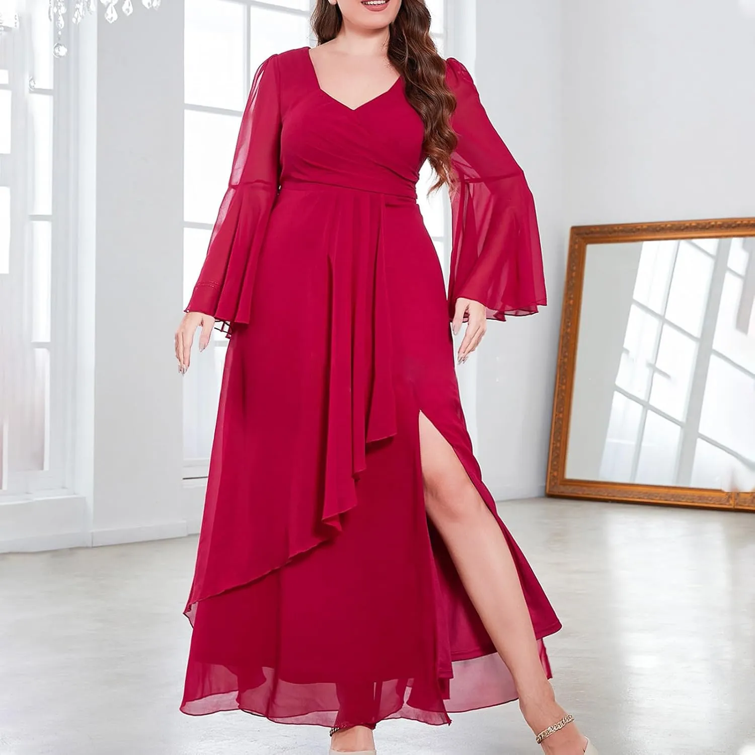 Elegant V Neck Dress for Women Fashionable Ruffle Sleeve Chiffon Midi Skirt Front Tie Wrap Comfy Dresses Prom Gowns