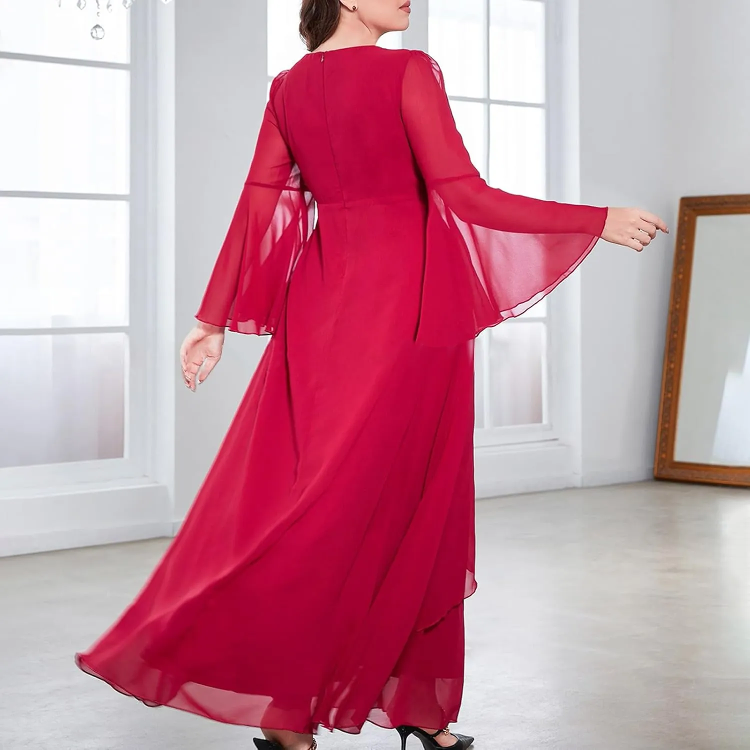 Elegant V Neck Dress for Women Fashionable Ruffle Sleeve Chiffon Midi Skirt Front Tie Wrap Comfy Dresses Prom Gowns