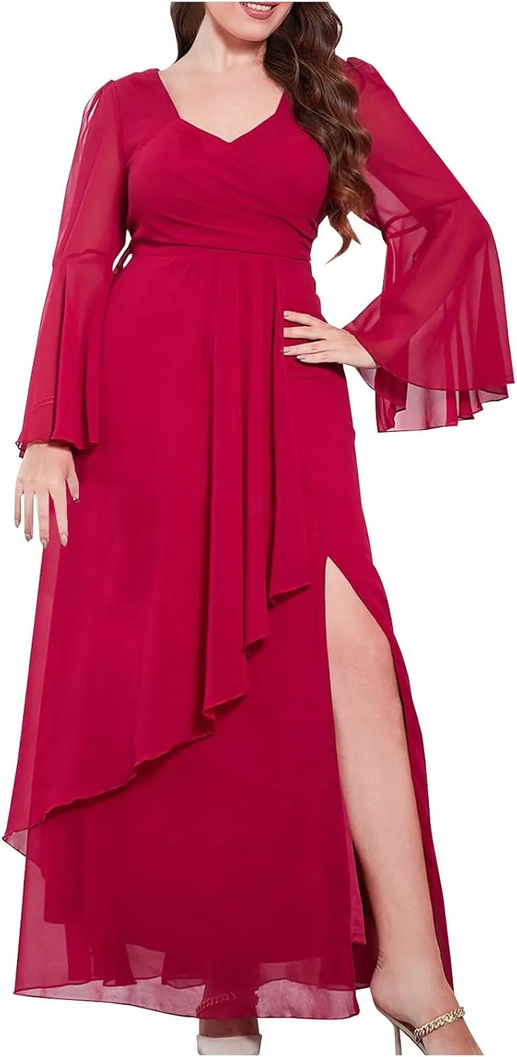 Elegant V Neck Dress for Women Fashionable Ruffle Sleeve Chiffon Midi Skirt Front Tie Wrap Comfy Dresses Prom Gowns