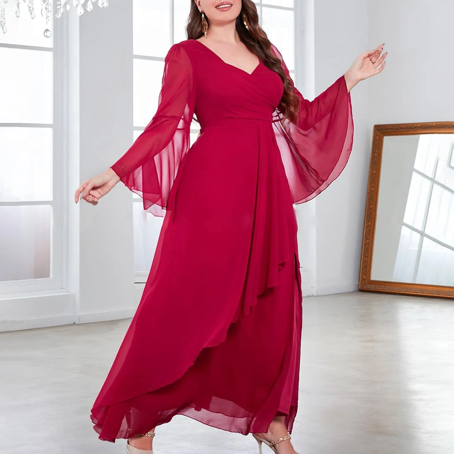 Elegant V Neck Dress for Women Fashionable Ruffle Sleeve Chiffon Midi Skirt Front Tie Wrap Comfy Dresses Prom Gowns