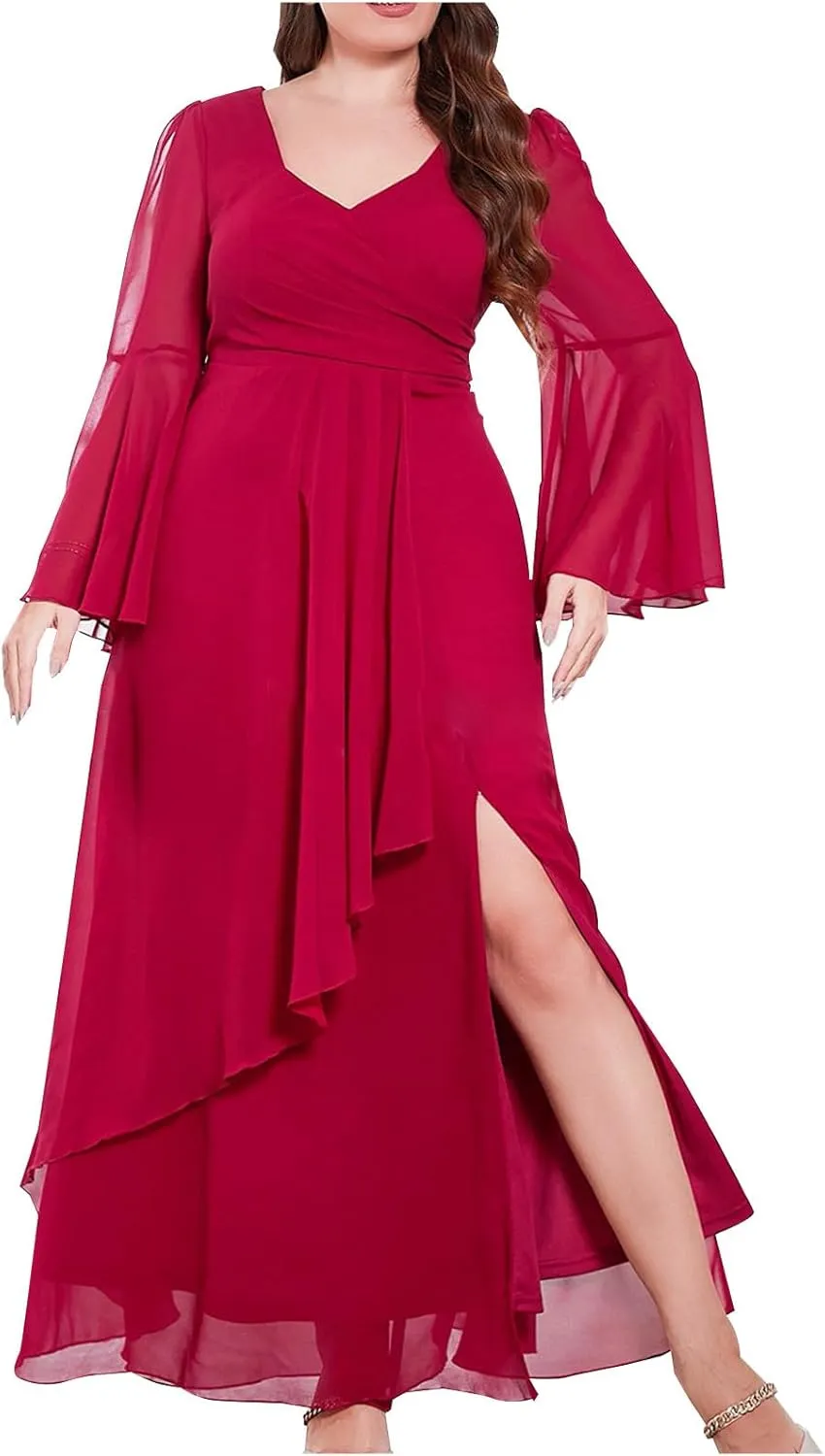 Elegant V Neck Dress for Women Fashionable Ruffle Sleeve Chiffon Midi Skirt Front Tie Wrap Comfy Dresses Prom Gowns