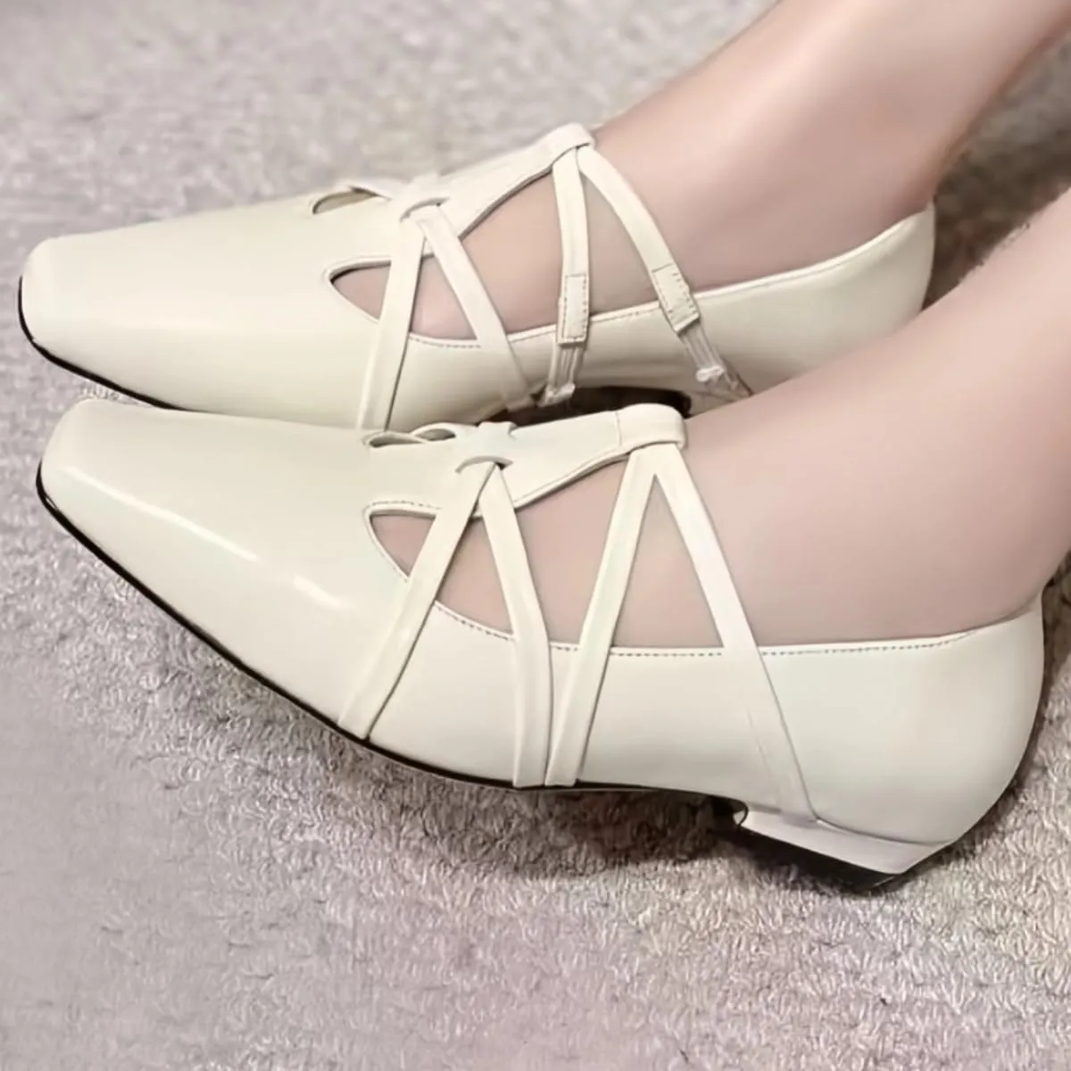 Fashionable Retro Slip On Mary Janes Shoes for Women with Strap Square Toe Genuine Leather Elegantes Ladylike Temperament Flats Casual Chunky Block Low Heels Spring