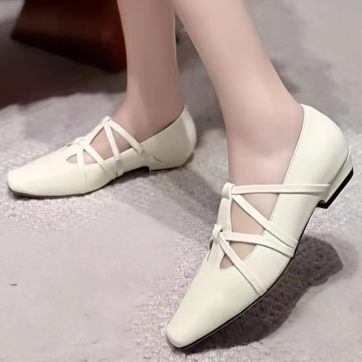 Fashionable Retro Slip On Mary Janes Shoes for Women with Strap Square Toe Genuine Leather Elegantes Ladylike Temperament Flats Casual Chunky Block Low Heels Spring