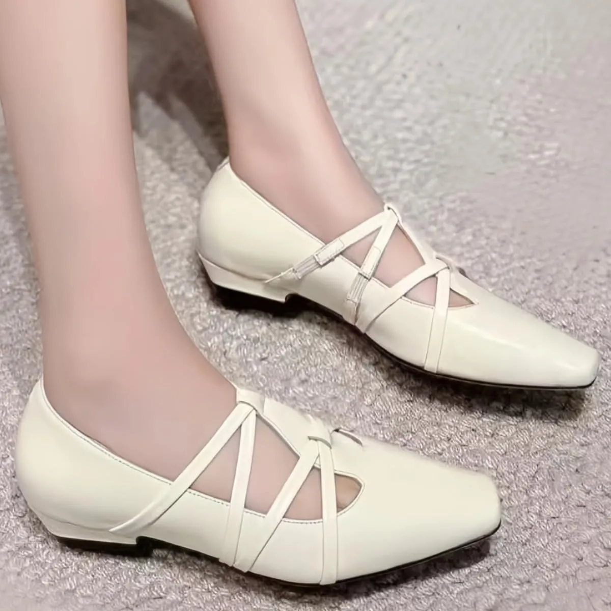 Fashionable Retro Slip On Mary Janes Shoes for Women with Strap Square Toe Genuine Leather Elegantes Ladylike Temperament Flats Casual Chunky Block Low Heels Spring