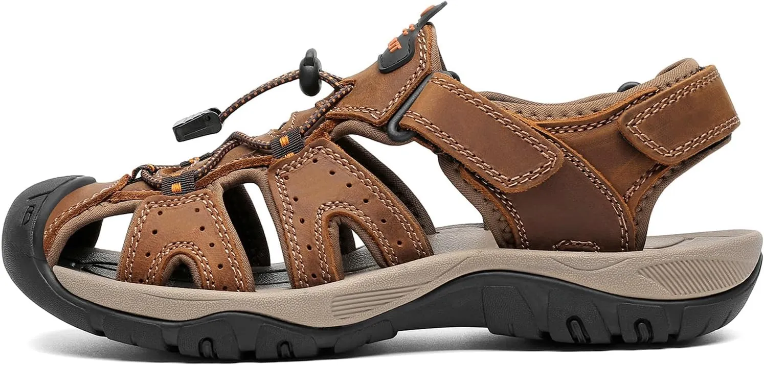 FLARUT Men's Sport Sandals Outdoor Hiking Sandals Closed Toe Leather Athletic Lightweight Trail Walking Casual Sandals Water Shoes
