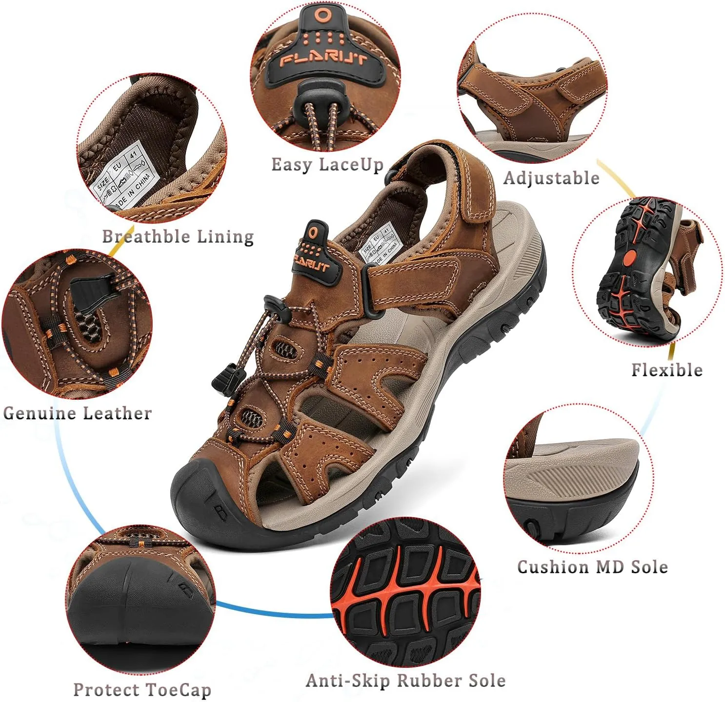 FLARUT Men's Sport Sandals Outdoor Hiking Sandals Closed Toe Leather Athletic Lightweight Trail Walking Casual Sandals Water Shoes