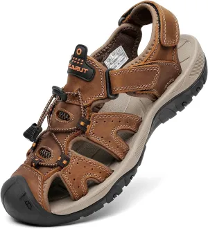 FLARUT Men's Sport Sandals Outdoor Hiking Sandals Closed Toe Leather Athletic Lightweight Trail Walking Casual Sandals Water Shoes