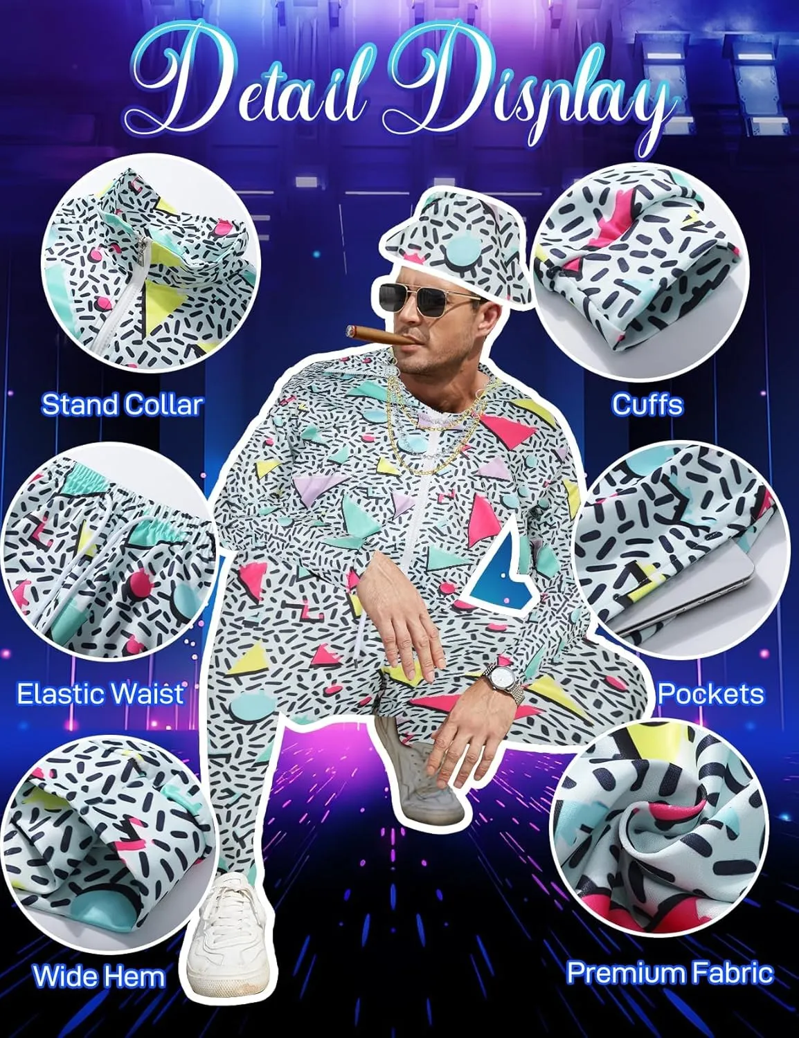 Flygo 80s 90s Outfit for Men Retro Track Suits 80s Tracksuit Set Windbreaker Hip Hop Party Rave Outfits
