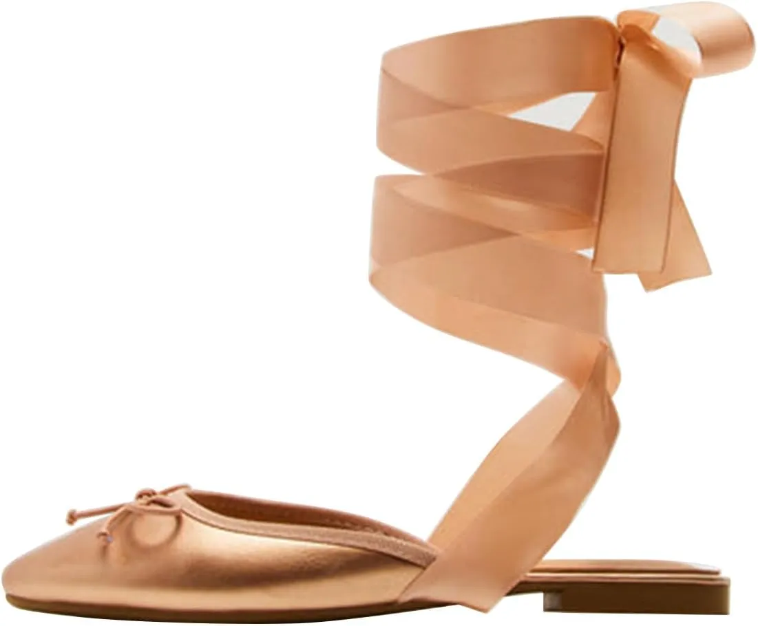 FSJ Women Wrapped Ballet Flats Bowknot Closed Toe Cross Ribbon Lace-Up Slingabck Ballerinas Shoes Size 4-16 US