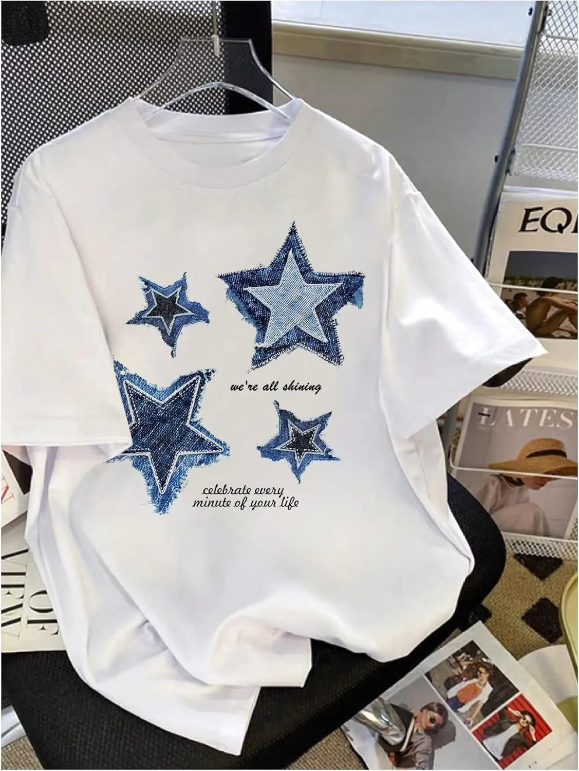 Girl's Drop Shoulder Letter Star Print Tee Tops Loose Short Sleeve Crew Neck T Shirts