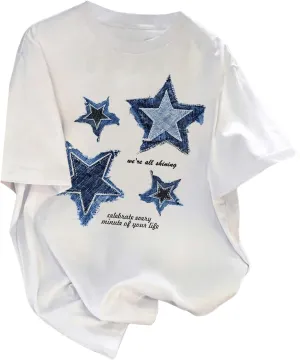 Girl's Drop Shoulder Letter Star Print Tee Tops Loose Short Sleeve Crew Neck T Shirts