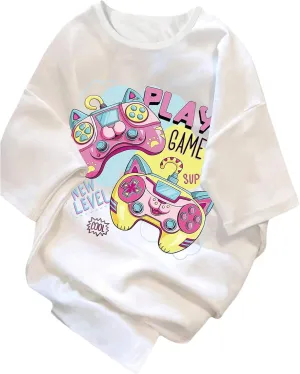 Girl's Drop Shoulder Letter Star Print Tee Tops Loose Short Sleeve Crew Neck T Shirts