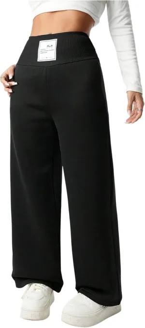 Girl's Elastic High Waisted Sweatpants Wide Leg Letter Patched Track Pants Trousers