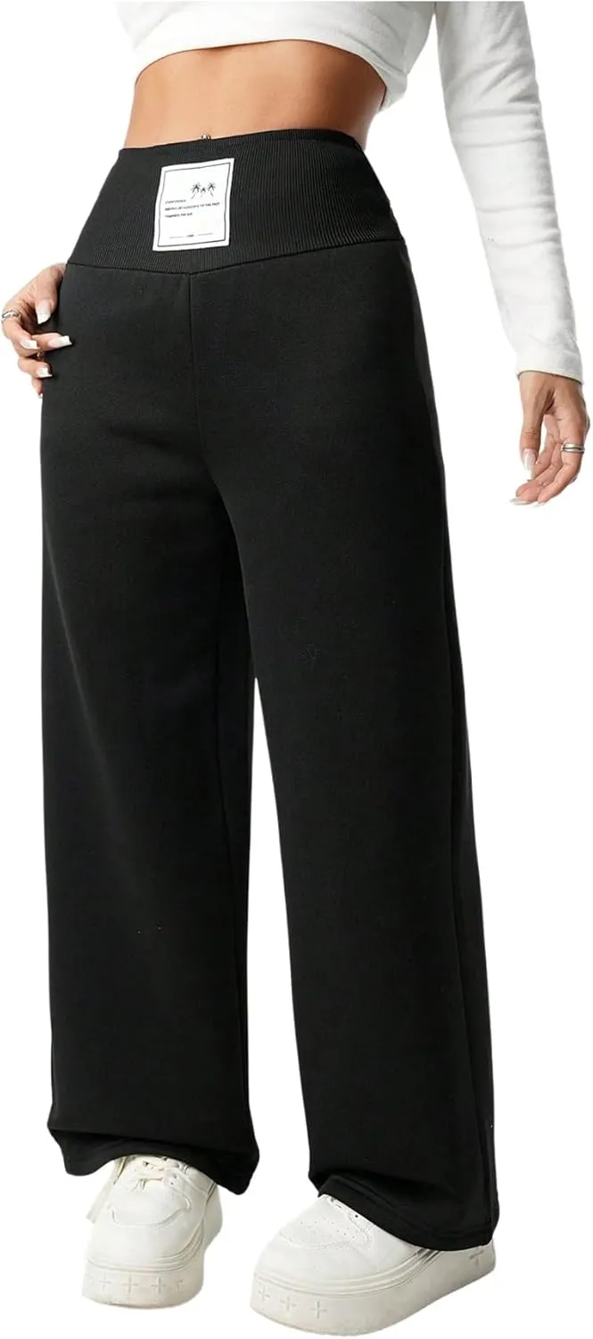 Girl's Elastic High Waisted Sweatpants Wide Leg Letter Patched Track Pants Trousers