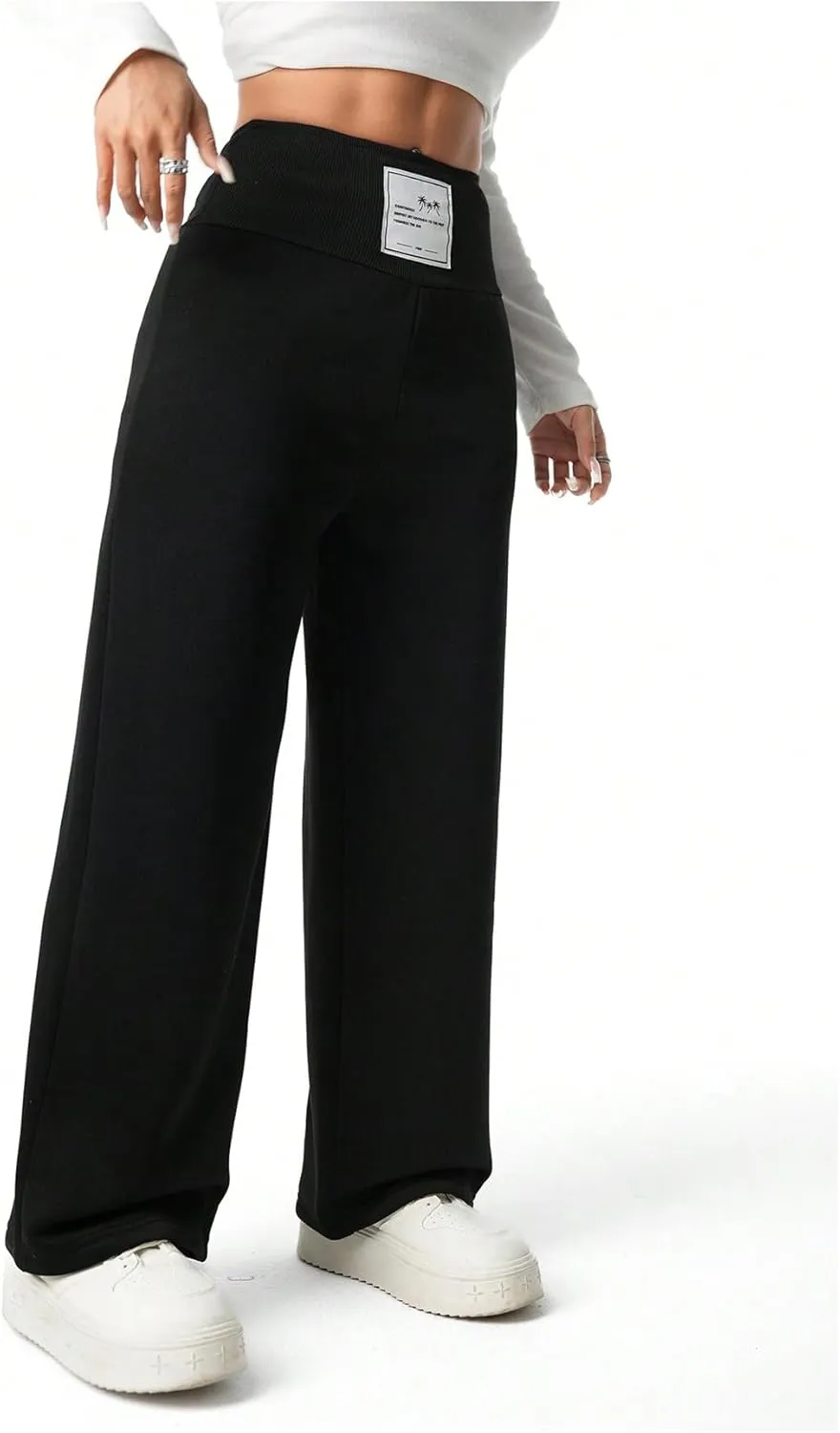 Girl's Elastic High Waisted Sweatpants Wide Leg Letter Patched Track Pants Trousers