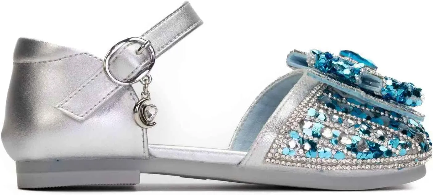 Girls Princess Dress Shoes, Silver Mary Jane Flats with Blue Crystal Bow, Sparkly Party Shoes