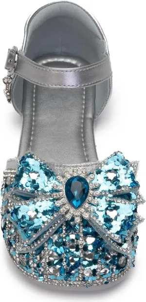 Girls Princess Dress Shoes, Silver Mary Jane Flats with Blue Crystal Bow, Sparkly Party Shoes