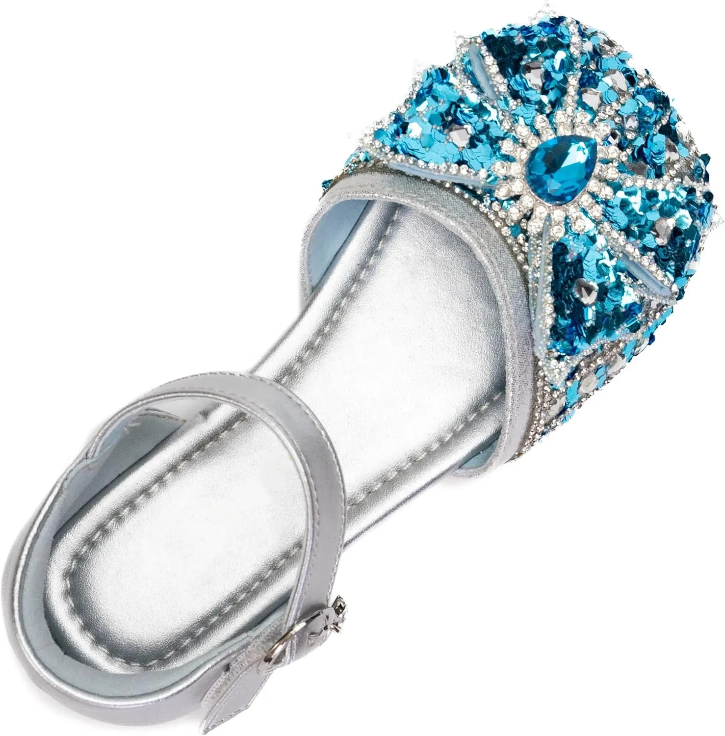 Girls Princess Dress Shoes, Silver Mary Jane Flats with Blue Crystal Bow, Sparkly Party Shoes