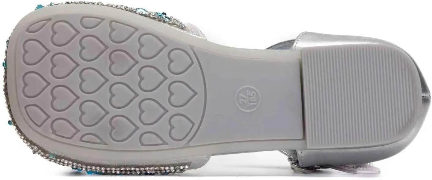 Girls Princess Dress Shoes, Silver Mary Jane Flats with Blue Crystal Bow, Sparkly Party Shoes