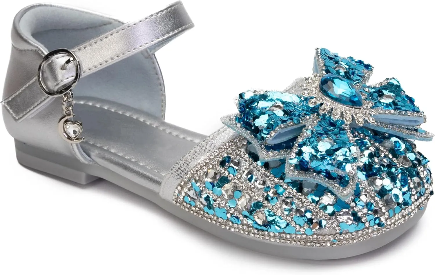 Girls Princess Dress Shoes, Silver Mary Jane Flats with Blue Crystal Bow, Sparkly Party Shoes