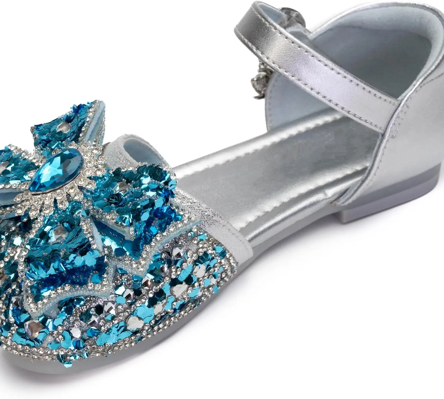 Girls Princess Dress Shoes, Silver Mary Jane Flats with Blue Crystal Bow, Sparkly Party Shoes