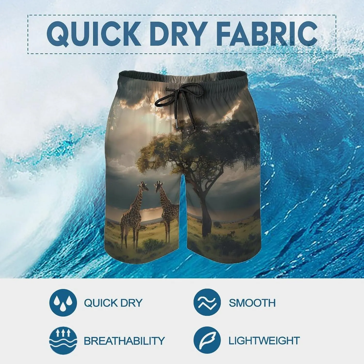 Grassland Giraffes Men's Swim Trunks Breathable Bathing Suit Swimming Board Shorts Hawaiian Beach Swimwear