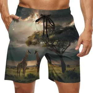 Grassland Giraffes Men's Swim Trunks Breathable Bathing Suit Swimming Board Shorts Hawaiian Beach Swimwear