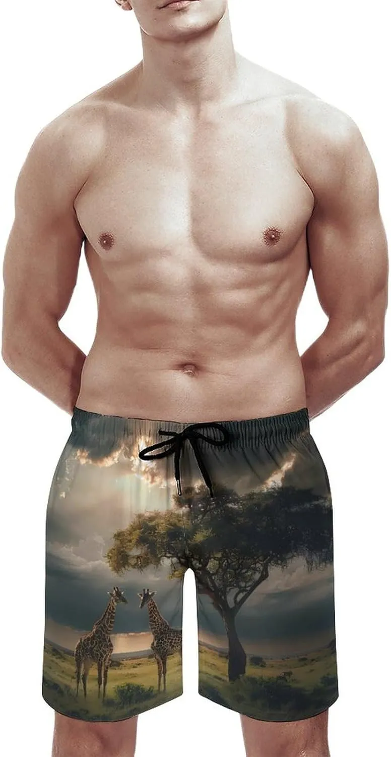 Grassland Giraffes Men's Swim Trunks Breathable Bathing Suit Swimming Board Shorts Hawaiian Beach Swimwear