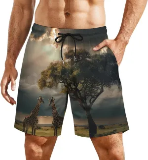 Grassland Giraffes Men's Swim Trunks Quick Dry Board Shorts Swimwear Beach Shorts with Compression Liner