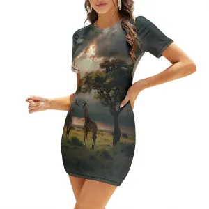 Grassland Giraffes Women's Midi Dress Slim Short Sleeve Dress T Shirt Dresses Round Neck Tank Dress